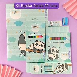 Kit Artístico Escolar Urso Panda Feliz 29 Itens Fofy - Caderno, Lápis de Cor, Lápis de Escrever, Canetinha