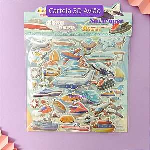 Cartela Adesiva Alto Relevo Decorado Marítimo Avião e Barco Cartela com 2 Folhas de Adesivos 60 Adesivos