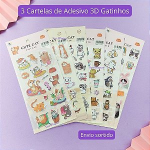 3 Cartela Adesivo 3D Divertidos GATO GATINHOS Fofa em Alto Relevo - Personalizar Garrafas, Decoração, Marmita