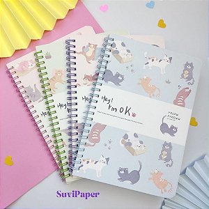 Caderno GRANDE Gatinho Espiral Wire-o Estampado Hey! I'm Ok Escolar Tamanho B5 17,2x25,2cm 64 Folhas