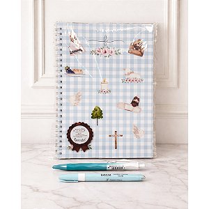 Kit Devocional Caderno A5 40 folhas, 1 Caneta Gel Signature Tris 0.5mm e 1 Marca Texto Pastel Presente