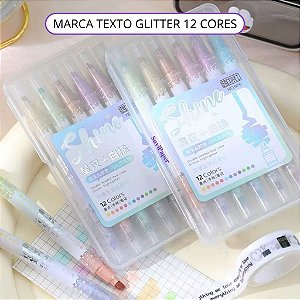 Kit Marca Texto Glitter 12 Cores Shine 6 Marcadores Ponta Dupla Planner, Estudos e Trabalho Marcador de Folhas