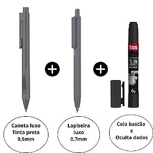 Kit Papelaria All Black Caneta Gel 0,5mm Cinza + Lapiseira 0,7mm Cinza e Cola Bastão Black 6g Tris