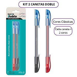 Kit 2 Canetas Doble Bazze 3 Cores Azul Preto Vermelho 1.0mm Cartela com 2 Cores Clássicas Caneta Bicolor