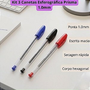 Kit 3 Canetas Bazze Prisma 1.0mm Azul Preta e Vermelha Escrita Macia Escolar Escritório