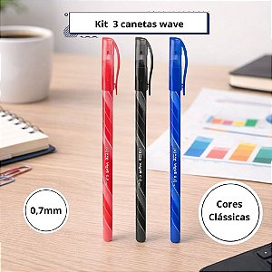 Kit 3 Canetas Esferográficas Wave 0.7mm Bazze Azul Preta Vermelha Escrita Macia