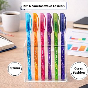 Kit 6 Canetas Esferográficas Wave Fashion 0.7mm Bazze Coloridas Escola Faculdade Escritório Loja