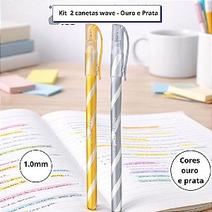 Kit 2 Canetas Esferográficas Wave 1.0mm Bazze Ouro e Prata Escrita Detalhes