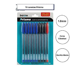 Kit 10 Canetas Bazze Prisma 1.0mm Escrita Macia Escolar Escritório Empresa Cores Clássicas