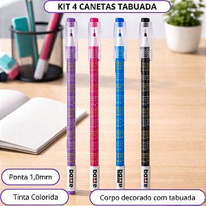 Kit 4 Canetas Tabuada 1.0mm Escrita Suave Material Escolar Escritório Dia a dia Bazze