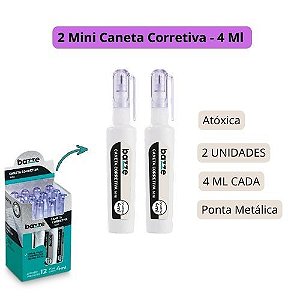 Kit 2 Mini Canetas Corretivas Líquida 4ml Ponta Metálica Secagem Rápida Bazze