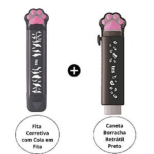 Kit Caneta Borracha + Fita Corretiva com Cola em Fita linha Pets Tris Cor Preta