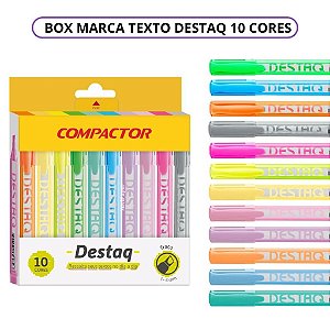 Kit Marca Texto Destaq Compactor 10 Cores Ponta Chanfrada Escolar Estudo