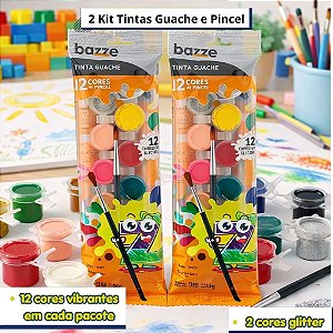 2 Kit Tinta Guache Escolar Mini C/12 Cores cada Bazze - Blister 3Ml Por Pote Novo Modelo