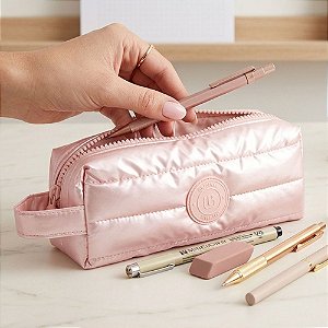 Estojo Puffer M Polibras Perolado Rosa Rose com Zíper Organizador Escolar e Necessaire