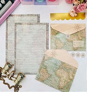 Kit Papéis de Carta com Envelopes La Palomita Mapa Mundi Buendía 4 Cartas e 4 Envelopes