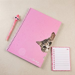Kit Papelaria Fofa Cat-itude: Caderno Espiral Gatinho + Bloco De Notas Patinhas + Caneta Divertida 3D