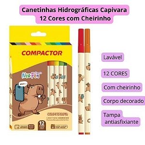 Canetinha Hidrocor Capivara 12 Cores com Cheirinho Neo Pen Gigante Compactor Lavável Escolar