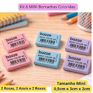 Kit 6 Mini Borrachas Pastel Bazze Basic Colors Nº40 - 2 Rosa, 2 Azul e 2 Roxa Macia, Atóxica e Ideal para Escola