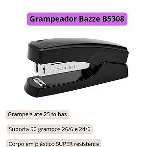 Grampeador Bazze B5308 26/6 Preto - Grampeia Até 25 Folhas Compacto e Resistente 1 Unidade