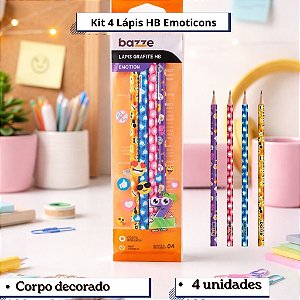 Kit 4 Lápis Grafite HB Bazze Emotions Decorados Emoji -Lápis Escolar HB para Escrita e Desenho Material Escolar