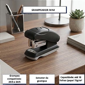 Grampeador Mini Bazze com extrator B5101 Preto Até 18 Folhas Compacto Escritório Escola