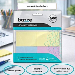 Notas Autoadesivas Bazze Tamanho 38x50mm 4 Blocos com100 Folhas
