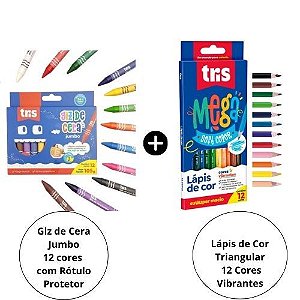 Kit Giz de Cera Jumbo e Lápis de Cor Triangular 12 Cores Tris