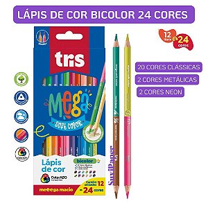 Lápis de Cor Tris Mega Soft Color Bicolor 24 Cores Neon, Metálicas e Clássicas Ponta Dupla TraçoEscolar e Artístico