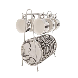 Conjunto Para Café Com Suporte Em Porcelana Branco e prata