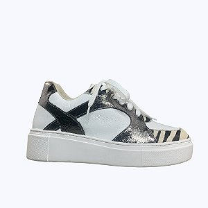Tênis Branco com Metalizado e Zebra Couro Confort