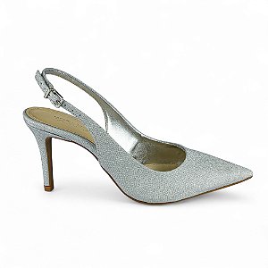 Scarpin Prata Brilho Salto Alto Slingback