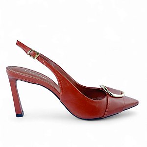 Scarpin Slingback Caramelo Couro Metal