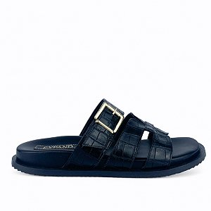 Papete Confort Preta Croco Couro com Fivela
