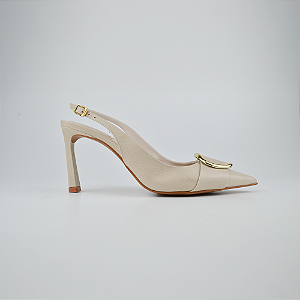 Scarpin Slingback Off White Couro Metal