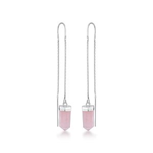 Brinco Corrente Dupla Quartzo Rosa Prata 925 - Amor e Relacionamentos