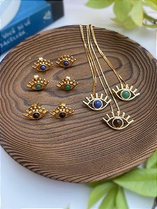Conjunto Dourado Olho Grego com Pedra Natural