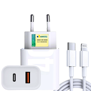 Carregador Turbo 40W 2 em 1 USB + Tipo C para Lightning, Compatível com iPhone 8 Plus X Xr 11 12 13 14 Pro e Max