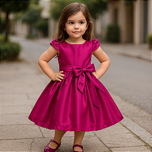 Vestido Infantil Liso  Rosa Fúcsia Festas e Formaturas e Batizados Crepe Acetinado