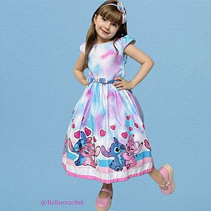 Vestido Lilo Stitch Angel Rosa e azul Meninas