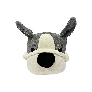 Cachorro de pelúcia deitado cinza com branco, toque macio, ursinho de pelúcia