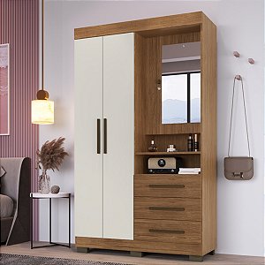 Guarda Roupa Europa com Espelho 3 portas e 3 gavetas na Cor Canela/Off White
