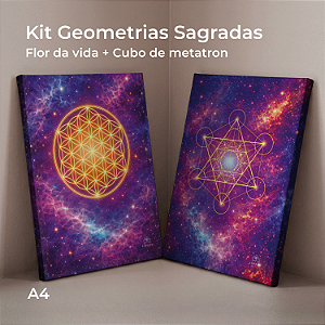 Kit 2 Quadros Geometria Sagrada A4 - Flor da Vida + Cubo de Metatron