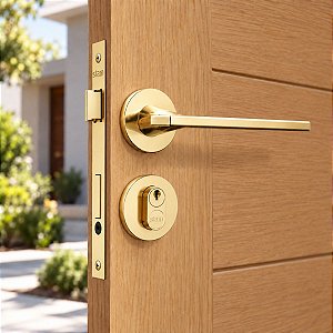 Fechadura Porta Externa Dourada Gold Stam Redonda 40mm Maçaneta