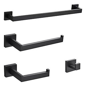 Kit Acessorios Banheiro 4 Peças Preto Fosco Inox 304 Quadrad