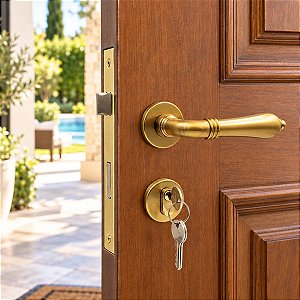 FECHADURA PORTA EXTERNA LILY IMAB DOURADO OURO ACETINADO COLONIAL CLASSICA MAQUINA 55 MM C/ CILINDRO