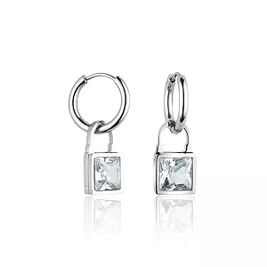 Brinco Aço Inox Argolinha com Pingente Cadeado e Zircônia Cristal