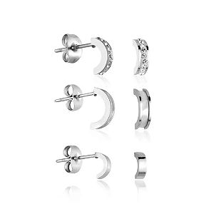 Brinco Aço Inox "Trio" Meia Lua - Zircônia Cristal, Madrepérola e Liso