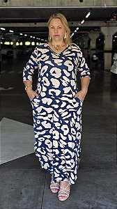 Vestido Básico Longo Manga 3/4- Est Leopardo Marinho/Nude