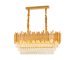Luminária Pendente Lustre Retangular Luxuoso Metal Dourado e Cristais Vana Sindora COD10107